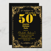 Verrassing 50e verjaardagsfeest zwart en goud kaart (Voorkant / Achterkant)