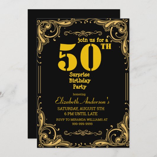 Verrassing 50e verjaardagsfeest zwart en goud kaart (Voorkant / Achterkant)