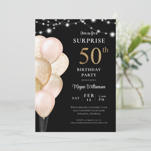 Verrassing 50e Zwart Goud Roze Verjaardag Kaart (Staand voorkant)