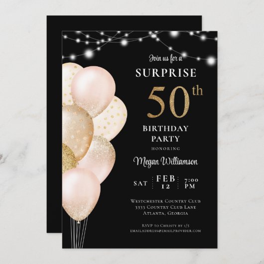 Verrassing 50e Zwart Goud Roze Verjaardag Kaart (Voorkant / Achterkant)