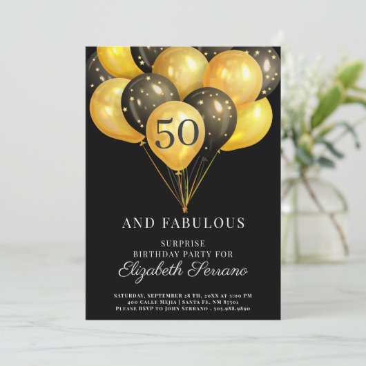 Verrassing 50ste verjaardag Black en Gold uitnodig Kaart (Staand voorkant)