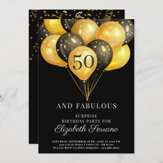 Verrassing 50ste verjaardag Black en Gold uitnodig Kaart (Voorkant / Achterkant)