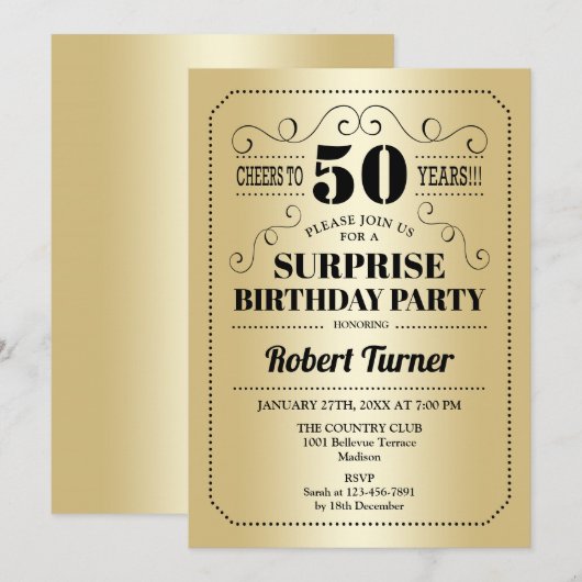 Verrassing 50ste verjaardag - Goud Zwart Kaart (Voorkant / Achterkant)