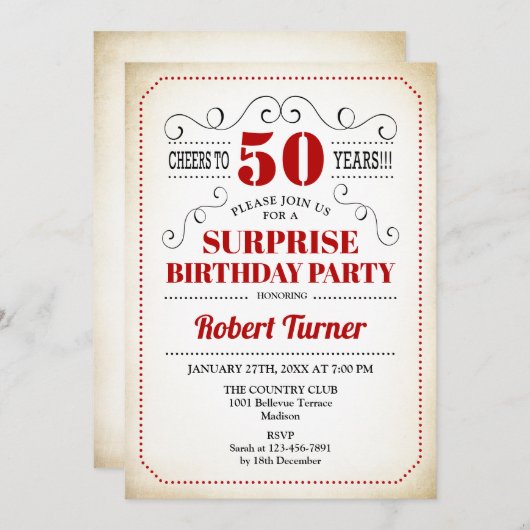 Verrassing 50ste verjaardag - Rood Wit Zwart Kaart (Voorkant / Achterkant)
