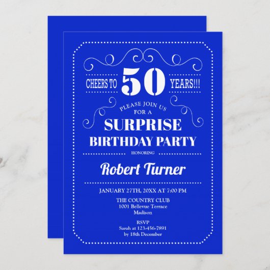 Verrassing 50ste verjaardag - Royal Blue Kaart (Voorkant / Achterkant)