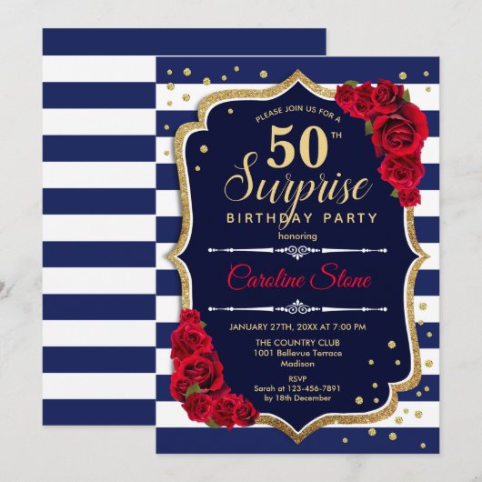 Verrassing 50ste verjaardag uitnodiging Marine Wit (Voorkant / Achterkant)