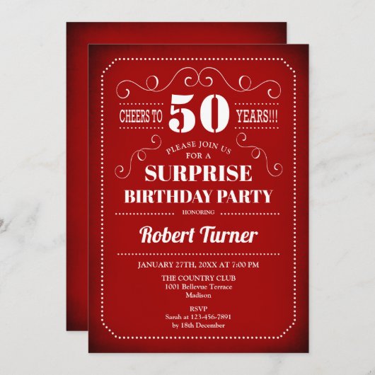 Verrassing 50ste verjaardag uitnodiging - Rood Wit (Voorkant / Achterkant)