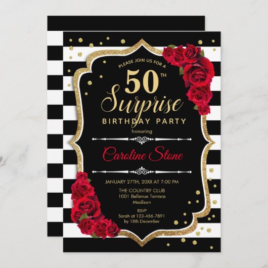 Verrassing 50ste verjaardag uitnodiging zwart wit  (Voorkant / Achterkant)