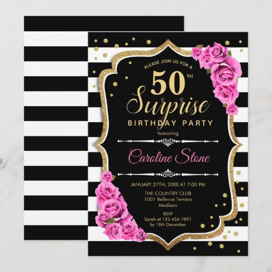 Verrassing 50ste verjaardag uitnodiging Zwart Wit  (Voorkant / Achterkant)