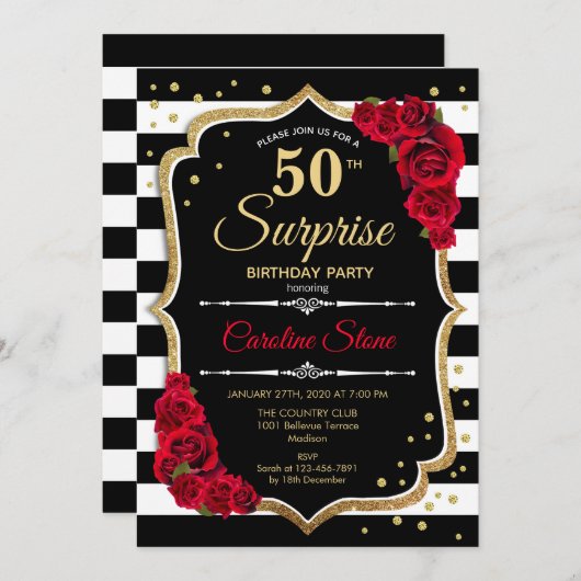 Verrassing 50ste verjaardag uitnodiging zwart wit (Voorkant / Achterkant)