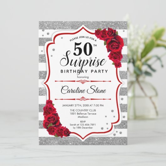 Verrassing 50ste verjaardag - zilver wit rood kaart (Staand voorkant)
