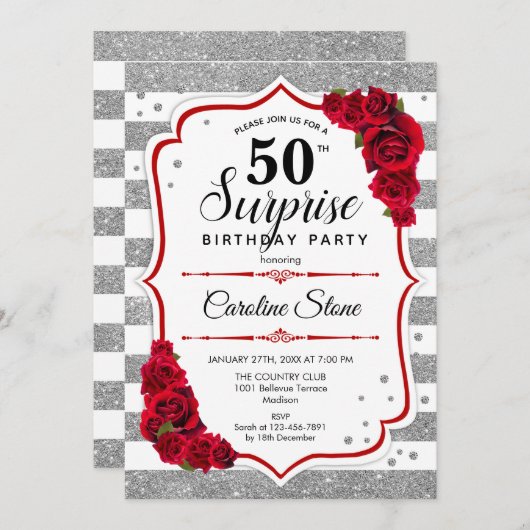 Verrassing 50ste verjaardag - zilver wit rood kaart (Voorkant / Achterkant)
