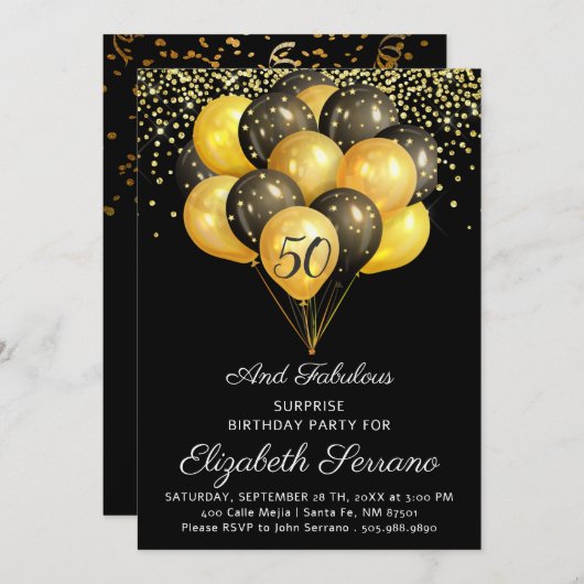 Verrassing 50ste verjaardag zwart en goud kaart (Voorkant / Achterkant)