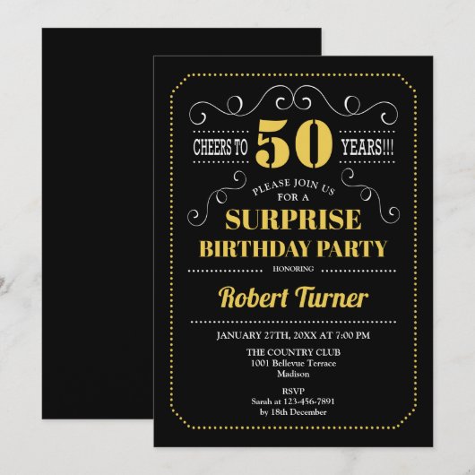 Verrassing 50ste verjaardag - Zwart Goud Kaart (Voorkant / Achterkant)