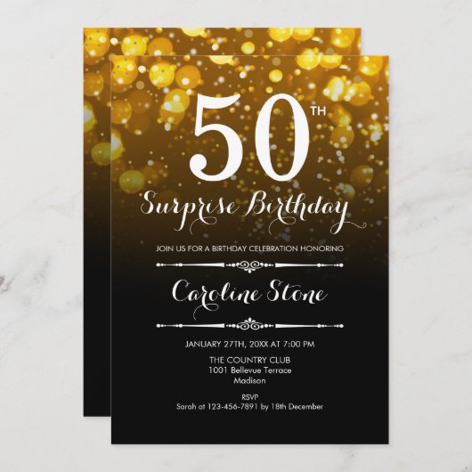 Verrassing 50ste verjaardag - Zwart Goud Wit Kaart (Voorkant / Achterkant)