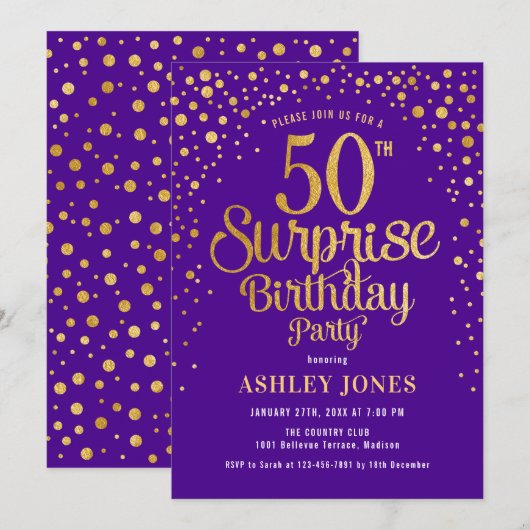 Verrassing 50ste Verjaardagsfeest - Paarse & Goud Kaart (Voorkant / Achterkant)