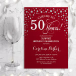 Verrassing 50ste Verjaardagsfeest - Rood Zilver Kaart<br><div class="desc">Verrassing 50ste verjaardag feestuitnodiging. Elegant design in donkerrood en faux glitter zilver. Beschikt over scriptlettertype en diamanten confetti. Proost op 50 jaar! Stuur me een bericht als je verder moet worden aangepast.</div>