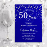 Verrassing 50ste Verjaardagsfeest - Royal Blue Sil Kaart<br><div class="desc">Verrassing 50ste verjaardag feestuitnodiging. Elegant design in koningsblauw en faux glitter zilver. Beschikt over scriptlettertype en diamanten confetti. Proost op 50 jaar! Stuur me een bericht als je verder moet worden aangepast.</div>