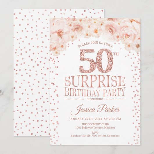 Verrassing 50ste Verjaardagsfeest - Wit Rose Gold Kaart (Voorkant / Achterkant)