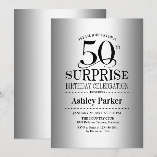 Verrassing 50ste Verjaardagsfeest - Zilver Kaart (Voorkant / Achterkant)