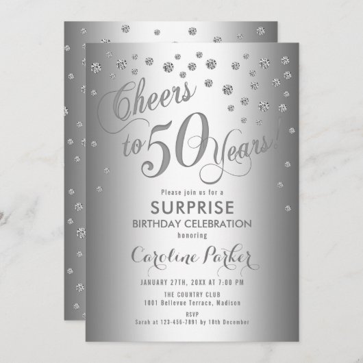 Verrassing 50ste Verjaardagsfeest - Zilver Kaart (Voorkant / Achterkant)