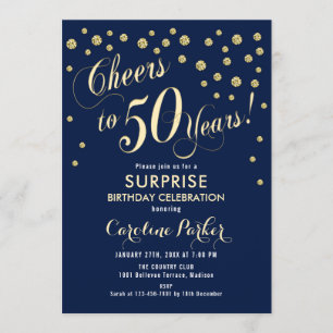 Verrassing 50ste verjaardagsfeestje - Gold Navy Kaart