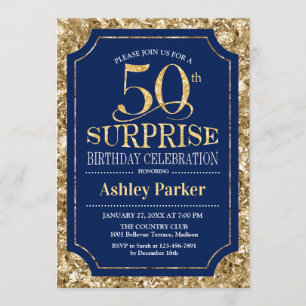 Verrassing 50ste verjaardagsfeestje - Gold Navy Kaart