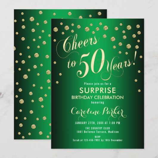 Verrassing 50ste verjaardagsfeestje - Goud Groen Kaart (Voorkant / Achterkant)