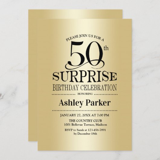 Verrassing 50ste verjaardagsfeestje - Goud Kaart (Voorkant / Achterkant)