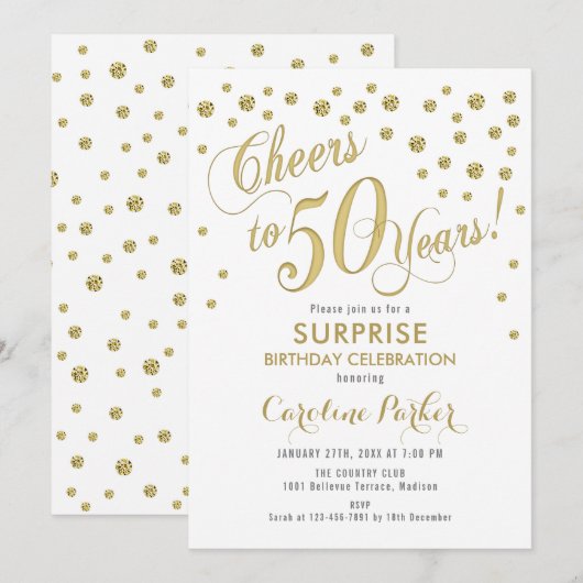Verrassing 50ste verjaardagsfeestje - Goud Wit Kaart (Voorkant / Achterkant)