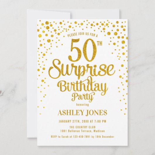 Verrassing 50ste verjaardagsfeestje - Goud & Wit Kaart (Voorkant)