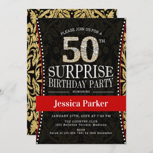 Verrassing 50ste verjaardagsfeestje - Goud Zwart R Kaart (Voorkant / Achterkant)