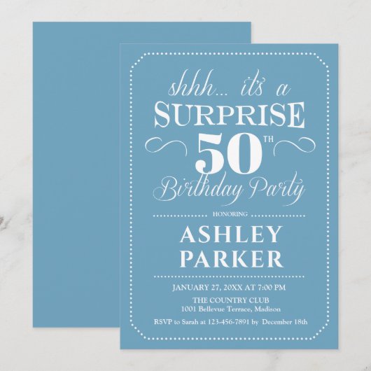 Verrassing 50ste verjaardagsfeestje - Lichtblauw W Kaart (Voorkant / Achterkant)