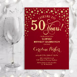 Verrassing 50ste verjaardagsfeestje - rood goud kaart<br><div class="desc">Verrassing 50ste verjaardag feestuitnodiging. Elegant design in donkerrood en faux glitter goud. Beschikt over scriptlettertype en diamanten confetti. Proost op 50 jaar! Stuur me een bericht als je verder moet worden aangepast.</div>