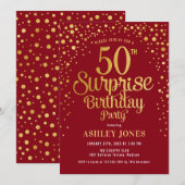Verrassing 50ste verjaardagsfeestje - Rood & Goud Kaart (Voorkant / Achterkant)