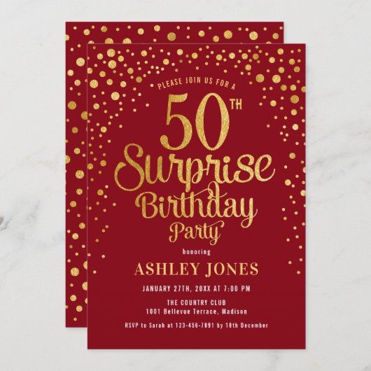 Verrassing 50ste verjaardagsfeestje - Rood & Goud Kaart (Voorkant / Achterkant)