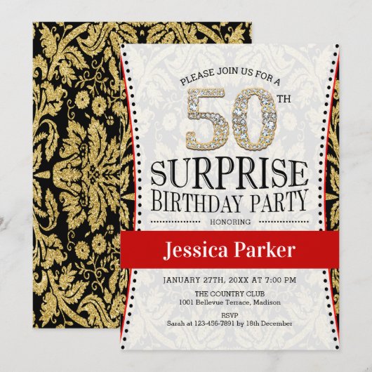 Verrassing 50ste verjaardagsfeestje - wit goud roo kaart (Voorkant / Achterkant)