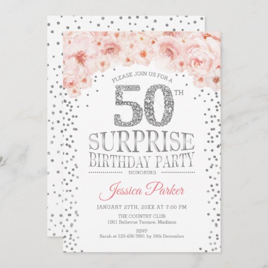 Verrassing 50ste verjaardagsfeestje - wit zilver r kaart (Voorkant / Achterkant)