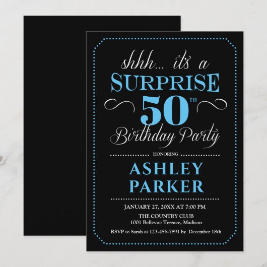 Verrassing 50ste verjaardagsfeestje - Zwart Blauw Kaart (Voorkant / Achterkant)