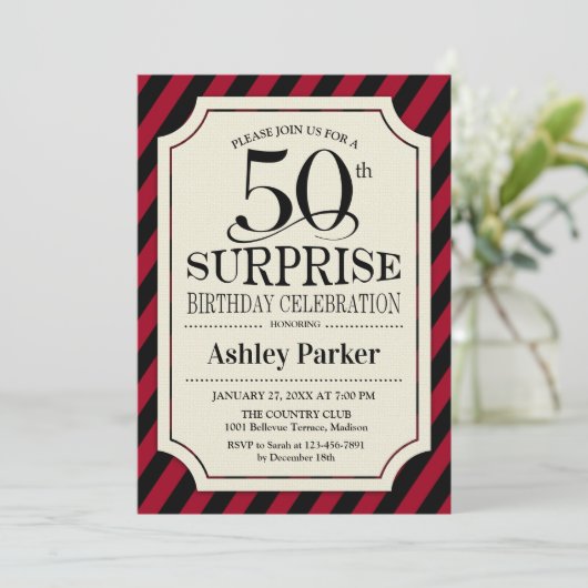 Verrassing 50ste verjaardagsfeestje - zwarte rode  kaart (Staand voorkant)