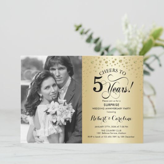 Verrassing 5e Jubileum met Photo Gold Black Kaart (Staand voorkant)
