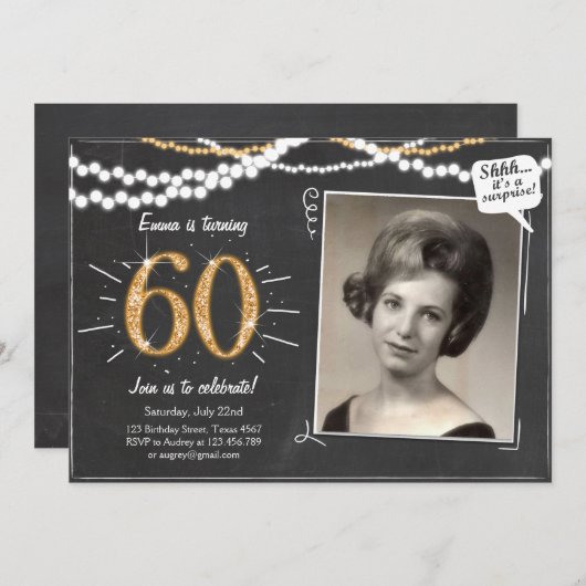 Verrassing 60 Sixty Gold glitter Verjaardag Uitnod Kaart (Voorkant / Achterkant)
