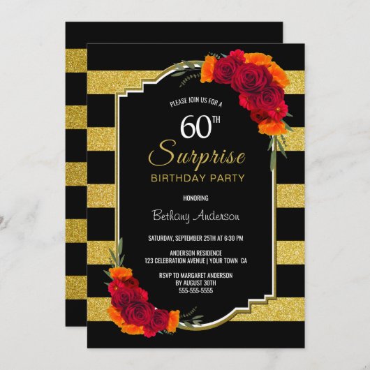 Verrassing 60e verjaardag Goud Gestreepte Rode Blo Kaart (Voorkant / Achterkant)