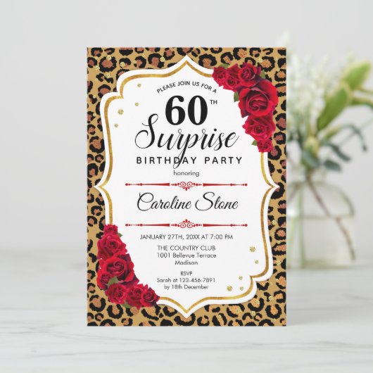 Verrassing 60e verjaardag - Leopard Gold Wit Rood Kaart (Staand voorkant)