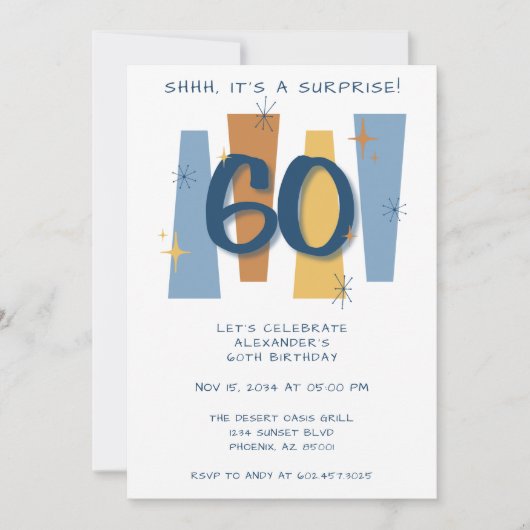 Verrassing 60e verjaardag Midcentury Retro Blauw Kaart (Voorkant)