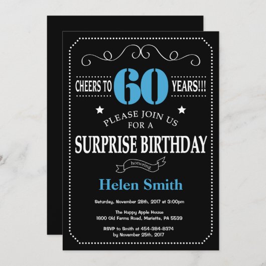Verrassing 60e verjaardag uitnodiging blauw en zwa (Voorkant / Achterkant)