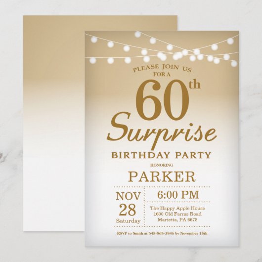 Verrassing 60e verjaardag uitnodiging goud (Voorkant / Achterkant)