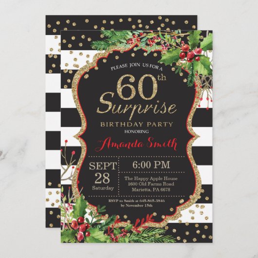 Verrassing 60e verjaardag Uitnodiging Kerst Goud (Voorkant / Achterkant)