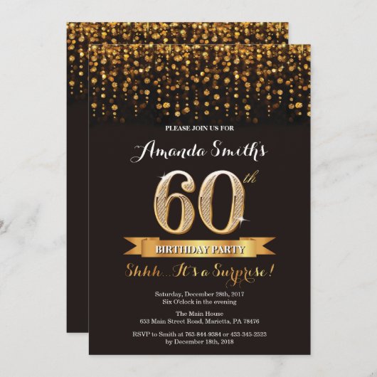 Verrassing 60e verjaardag uitnodiging zwart en gou (Voorkant / Achterkant)