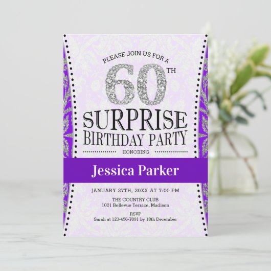 Verrassing 60e Verjaardag - Wit Zilver Paarse Kaart (Staand voorkant)